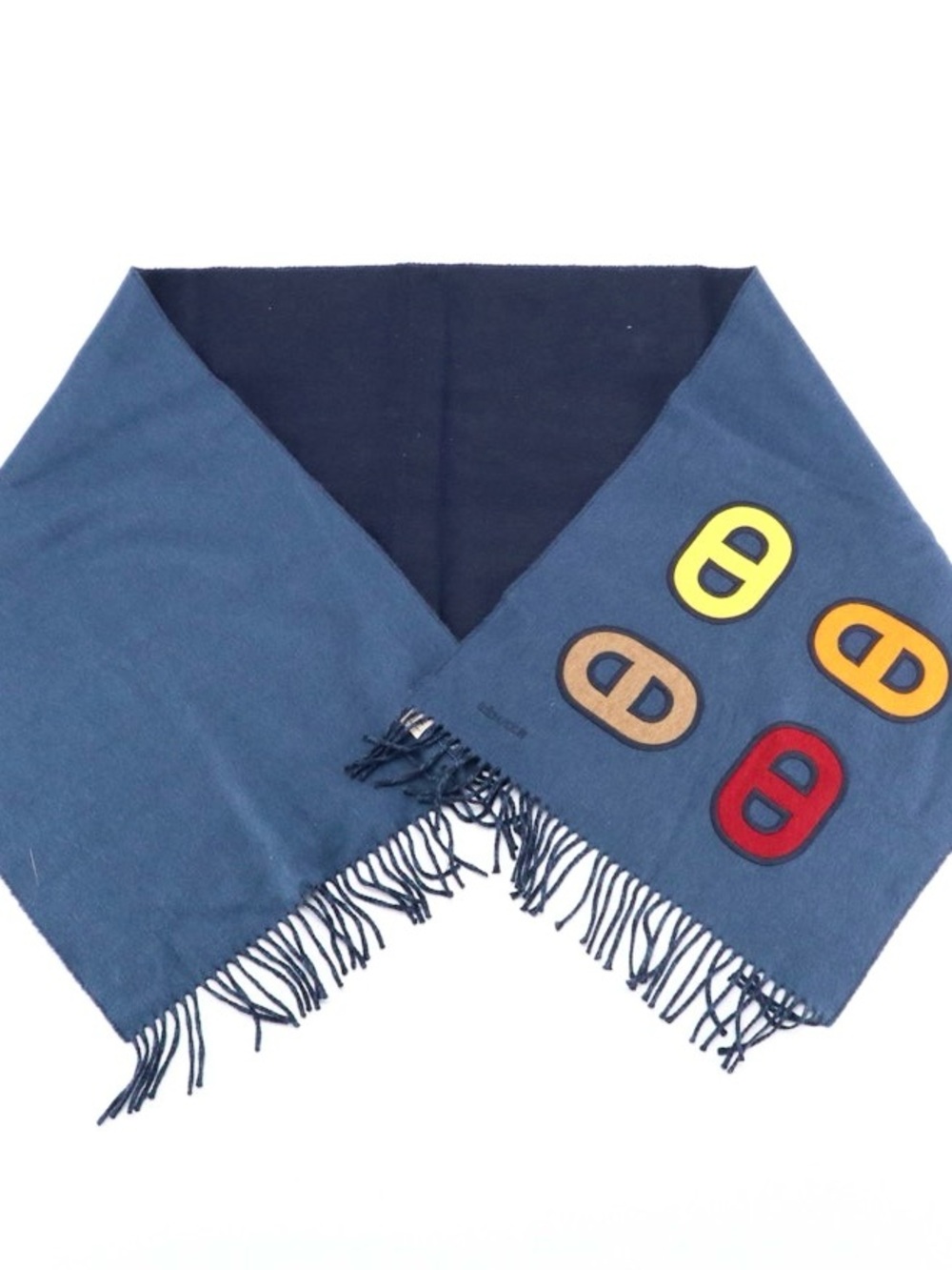 Hermès Recto-Verso Maillons Colores 100% Cashmere Scarf Bleu Marine Reversible - Picture 8 of 16